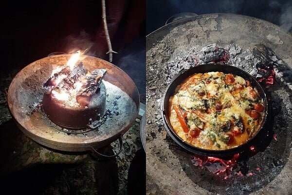 Making pizza in a dutch oven over a campfire